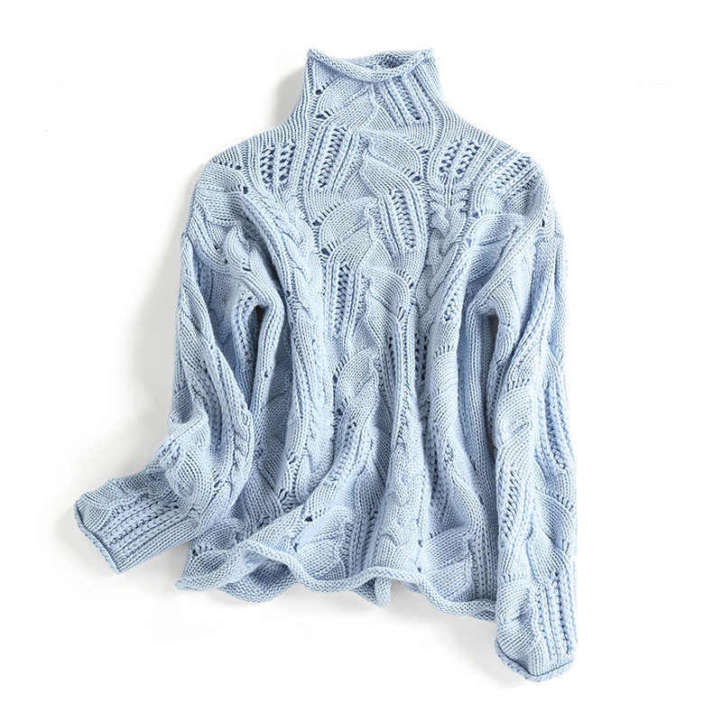 Pull Tricoté Ample à Col Haut et Découpe Crocheté
