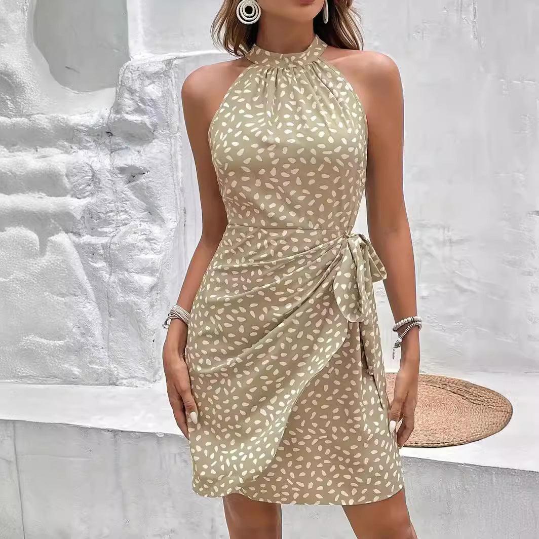 Robe d'Été Col Halter à Imprimé Fleuri et Taille Liée
