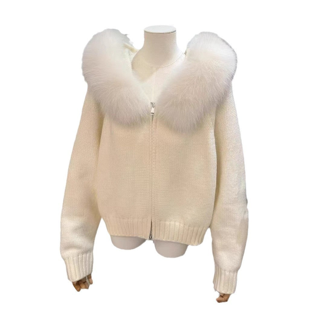 Cardigan Femme à Capuche avec Col en Fourrure