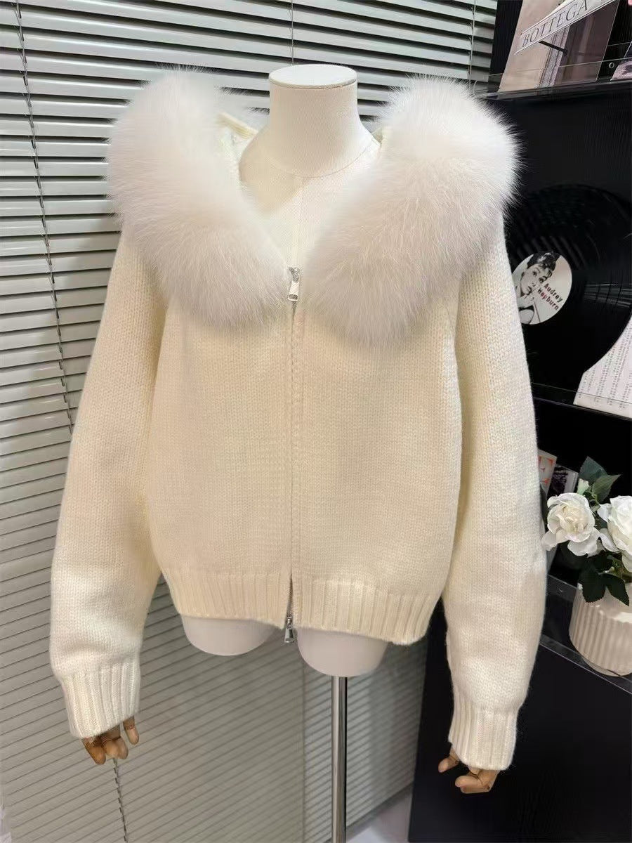 Cardigan Femme à Capuche avec Col en Fourrure