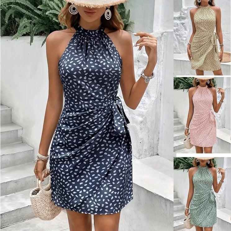 Robe d'Été Col Halter à Imprimé Fleuri et Taille Liée