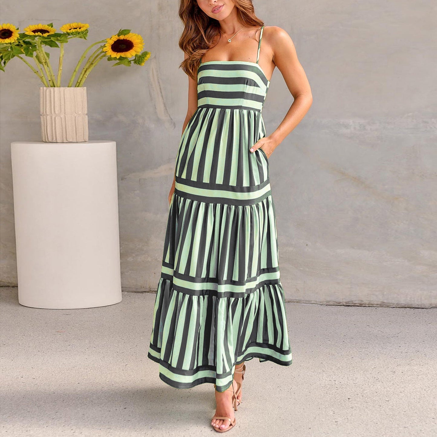 Robe Longue d'Été à Bretelles Rayée