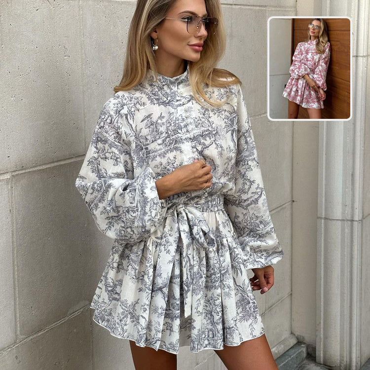 Robe Courte Imprimée à Manches Bouffantes