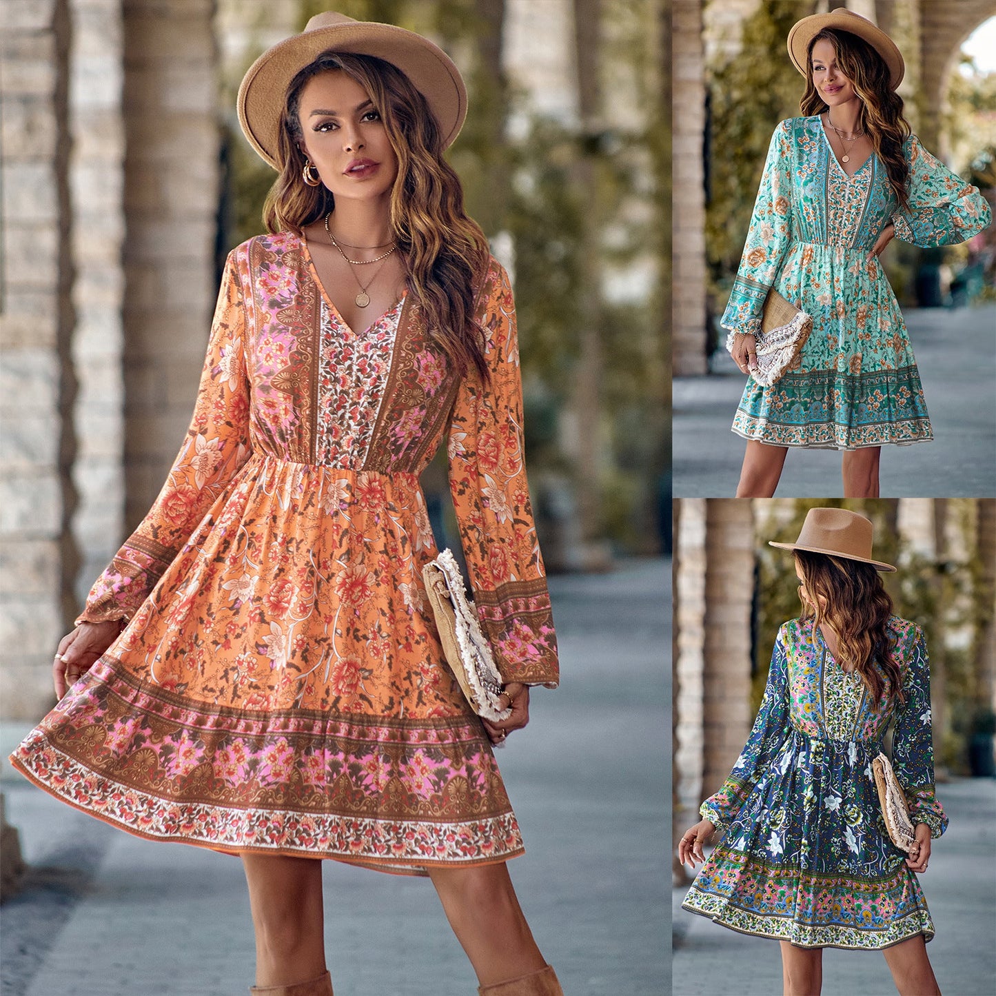 Robe Longue Imprimée à Manches Longues
