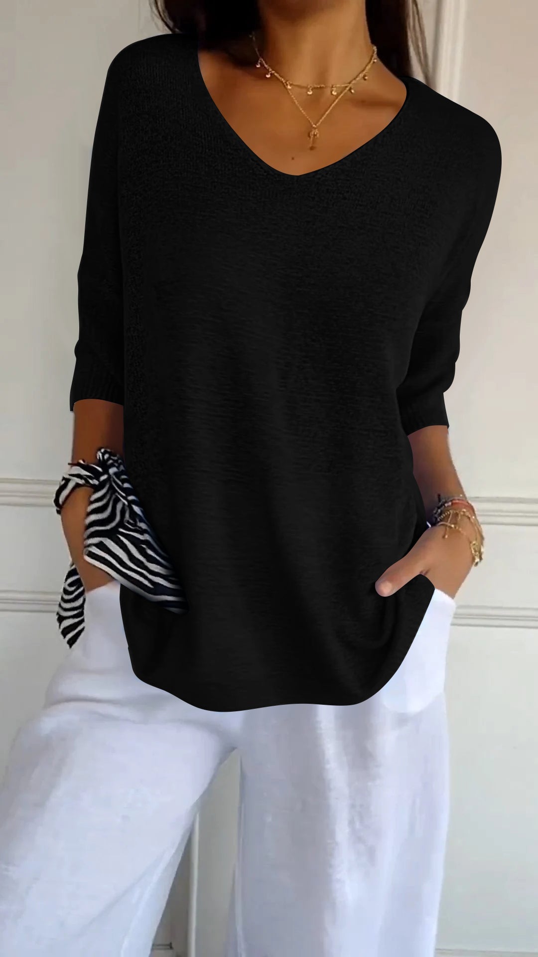 Pull Fin Col V Manches Longues – GAZERIA